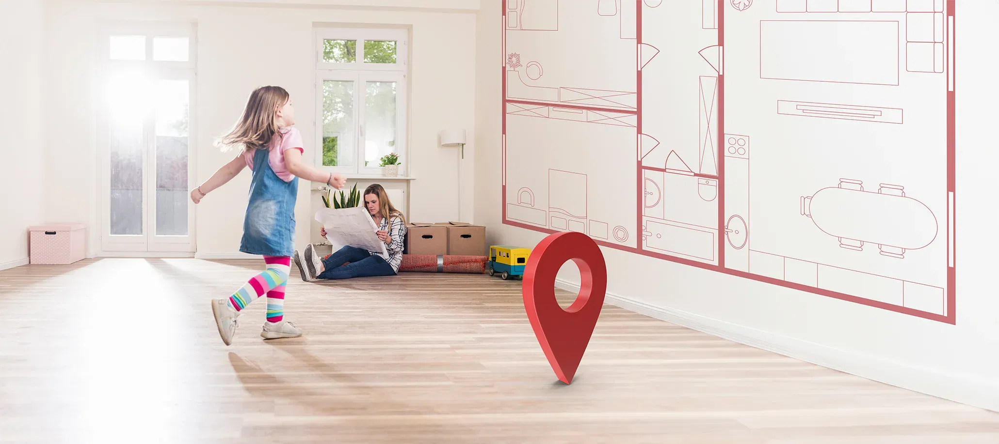 Wohnzimmer mit Bauzeichnung und spielendem Kind.